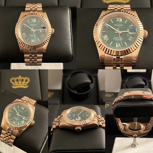seiko custom build rosegold datejust automatic watch - green roman numeral dial