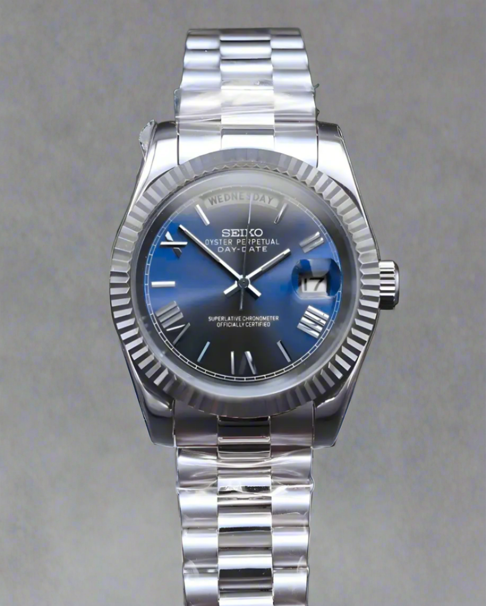 seiko mod blue day date automatic watch 36mm