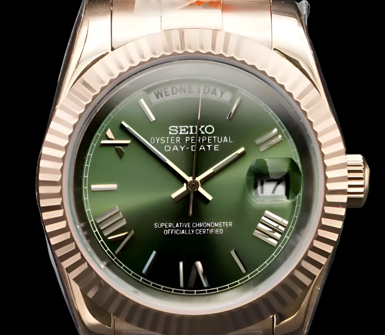 Seiko mod rosegold green day date automatic watch