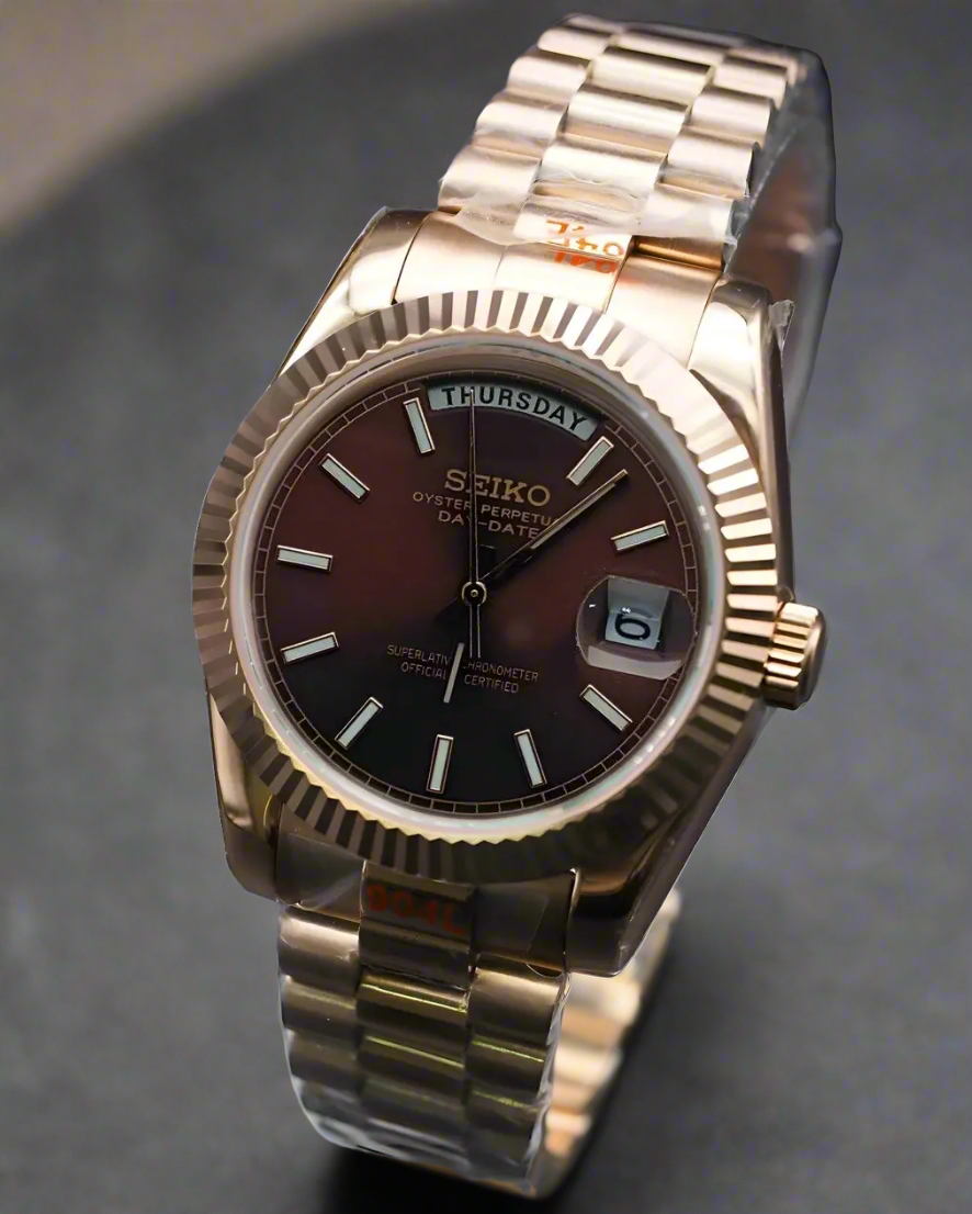 Seiko mod rosegold chocolate brown day date automatic watch