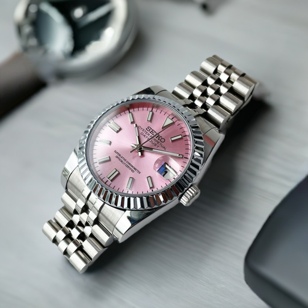 36mm pink seiko mod datejust automatic watch